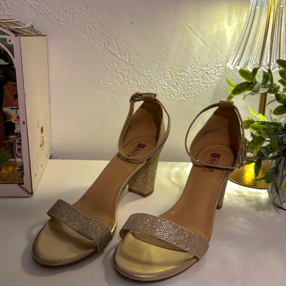 Shimmering Gold Block Heel Sandals